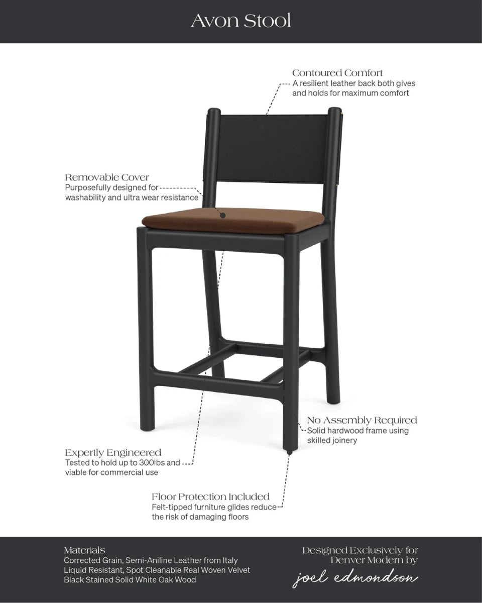 Cognac Velvet Seat / Black Leather Back / Ebony Oak Frame / Counter (26" Height)