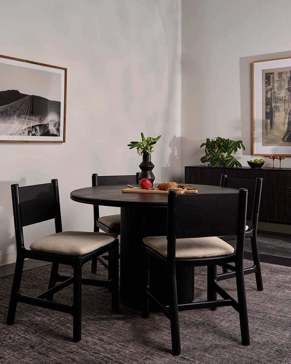 Oat Woven Seat / Black Leather Back / Ebony Oak Frame