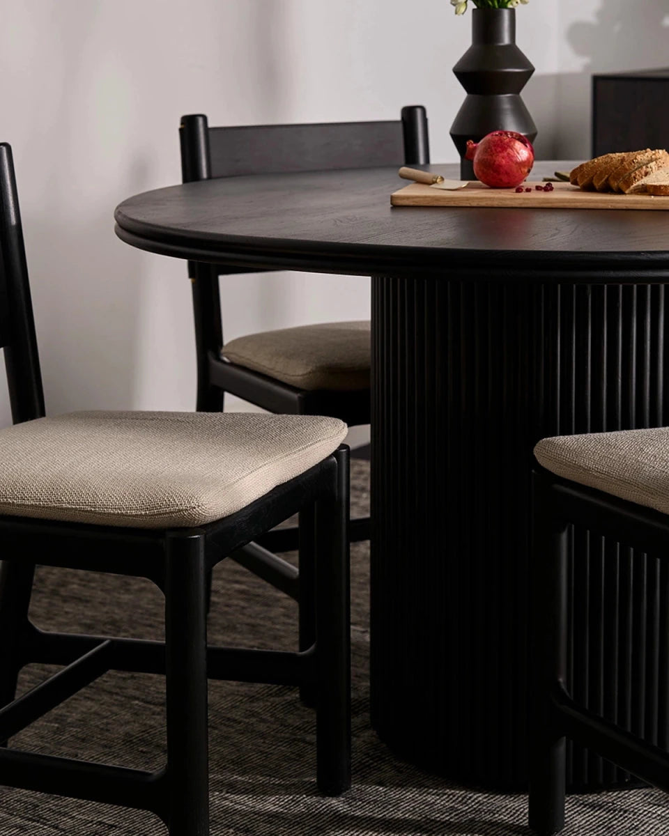 Oat Woven Seat / Black Leather Back / Ebony Oak Frame