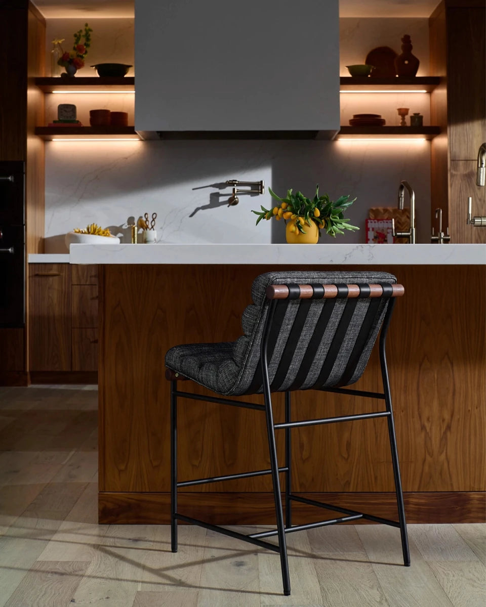 Onyx Linen / Black Leather Straps / Walnut / Counter (24" Height)