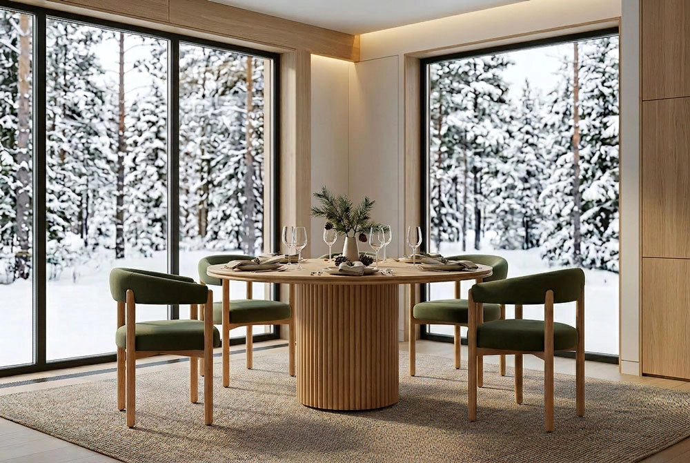 Modern dining room with Rio Round Dining Table and the Rio Dining Chairs, large windows showing a snowy forest view.